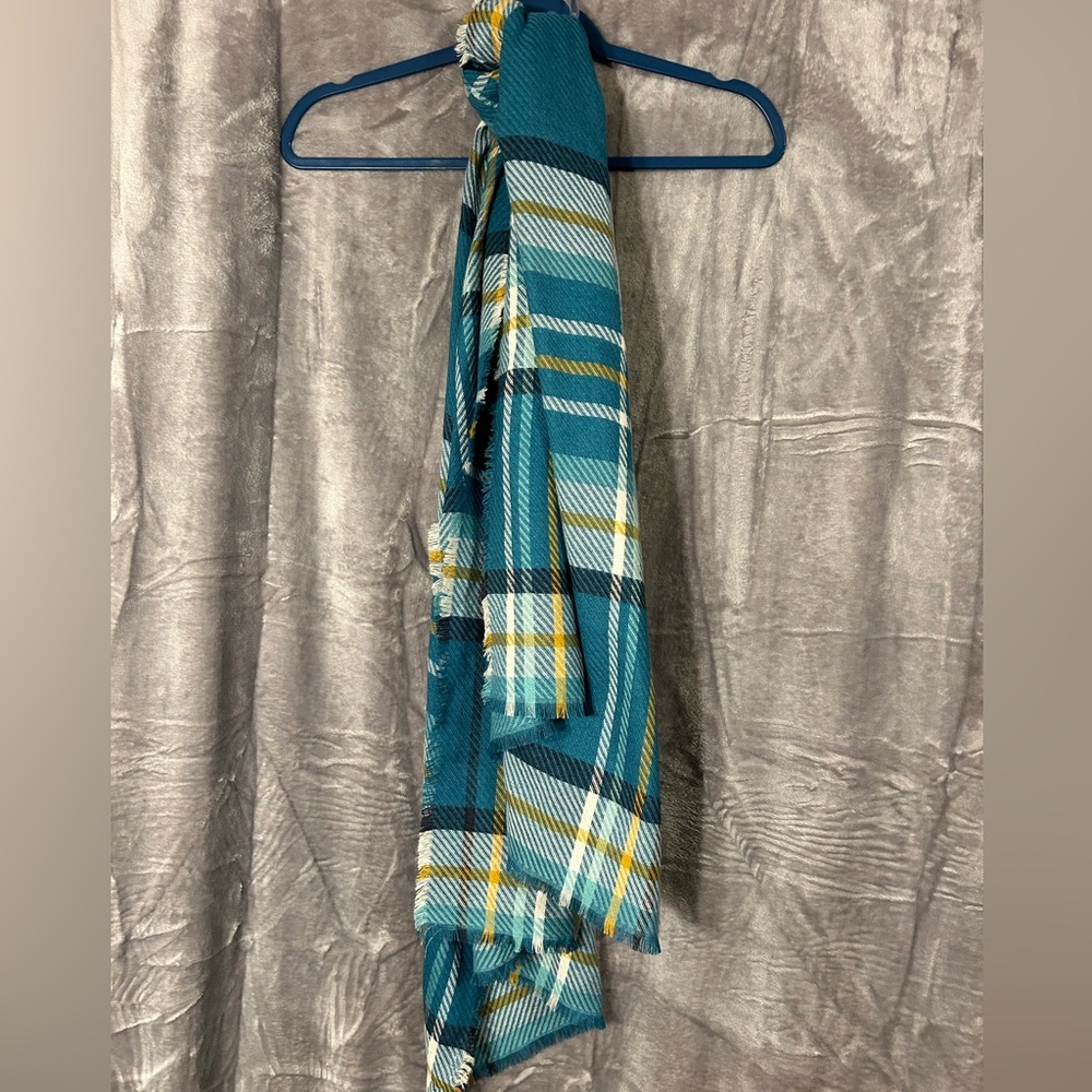 CJ Banks Turquoise White & Gold Plaid Scarf
